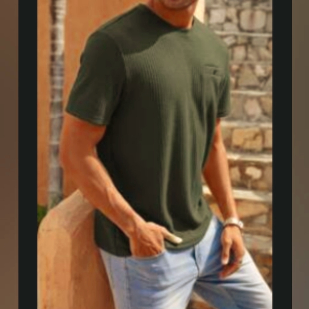◾🌿◾NWOT Men's Army Military Olive Moss Green Waffle Weave Knit Tee Shirt - 2XL